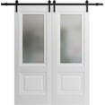 thumbnail image 1 of Sturdy Double Barn Door 56 x 96 inches with | Lucia 8822 White Silk with Frosted Glass | 13FT Rail Hangers Heavy Set | Solid Panel Interior Doors, 1 of 5