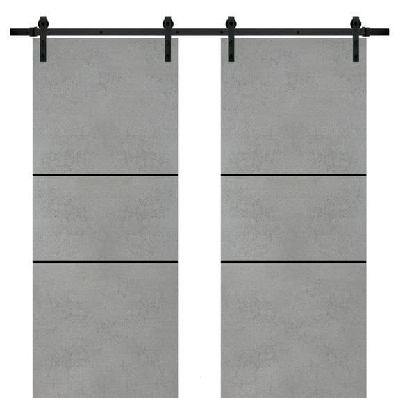 Sturdy Double Barn Door 56 x 96 inches with | Planum 0014 Concrete with Frosted Glass | 13FT Rail Hangers Heavy Set | Solid Panel Interior Doors