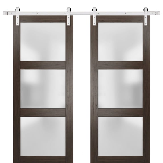 Sturdy Double Barn Door 60 x 80 inches with Frosted Glass | Lucia 2552 Chocolate Ash | Stainless Steel 13FT Rail Hangers Heavy Set | Solid Panel Interior Doors