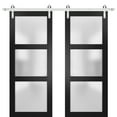 thumbnail image 1 of Sturdy Double Barn Door 60 x 80 inches with Frosted Glass | Lucia 2552 Matte Black | Stainless Steel 13FT Rail Hangers Heavy Set | Solid Panel Interior Doors, 1 of 6