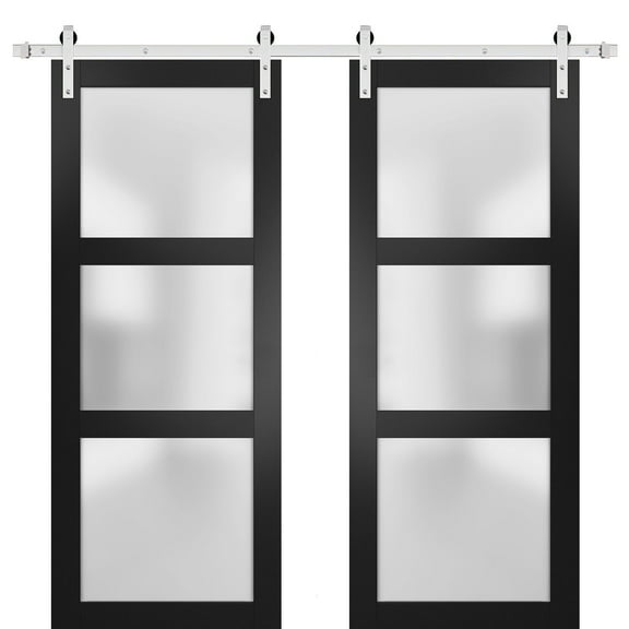 Sturdy Double Barn Door 60 x 80 inches with Frosted Glass | Lucia 2552 Matte Black | Stainless Steel 13FT Rail Hangers Heavy Set | Solid Panel Interior Doors