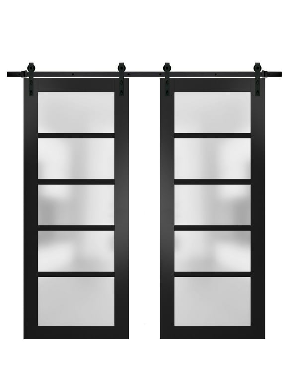 Sturdy Double Barn Door 60 x 80 inches with Frosted Glass | Quadro 4002 Matte Black | Top Mount 13FT Rail Hangers Heavy Set | Solid Panel Interior Doors