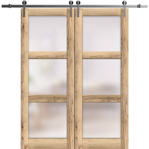 Sturdy Double Barn Door 60 x 80 inches | Lucia 2552 Oak | Stainless Steel 13FT Rail Hangers Heavy Set | Solid Panel Interior Doors