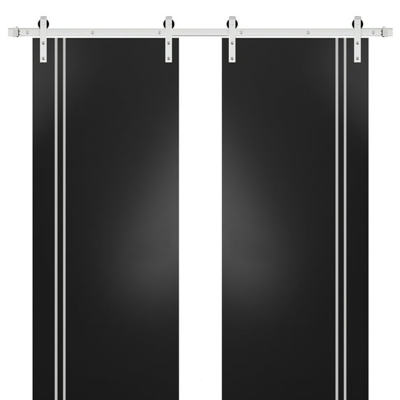 Sturdy Double Barn Door 60 x 80 inches with | Planum 0310 Matte Black with Frosted Glass | Stainless Steel 13FT Rail Hangers Heavy Set | Solid Panel Interior Doors