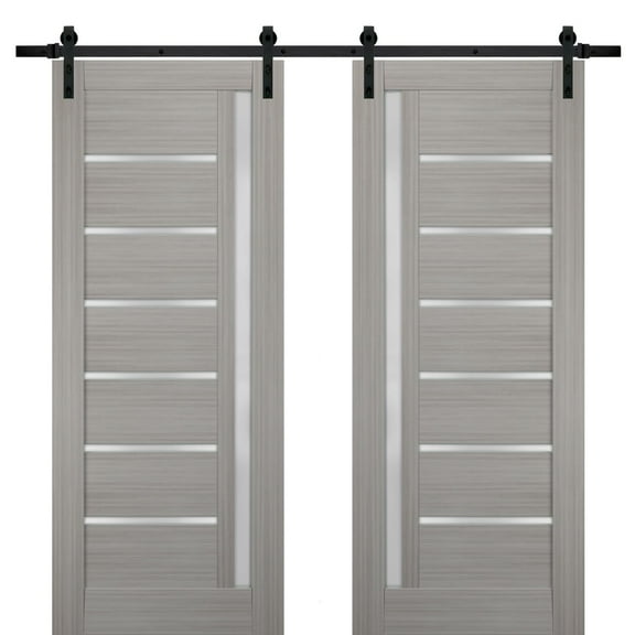 Sturdy Double Barn Door 60 x 80 inches with Frosted Glass | Quadro 4088 Grey Ash | Top Mount 13FT Rail Hangers Heavy Set | Solid Panel Interior Doors