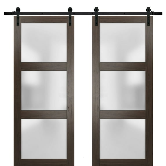 Sturdy Double Barn Door 60 x 84 inches with Frosted Glass | Lucia 2552 Chocolate Ash | Top Mount 13FT Rail Hangers Heavy Set | Solid Panel Interior Doors