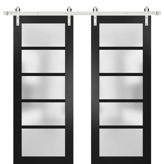 Sturdy Double Barn Door 60 x 84 inches with Frosted Glass | Quadro 4002 Matte Black | Stainless Steel 13FT Rail Hangers Heavy Set | Solid Panel Interior Doors
