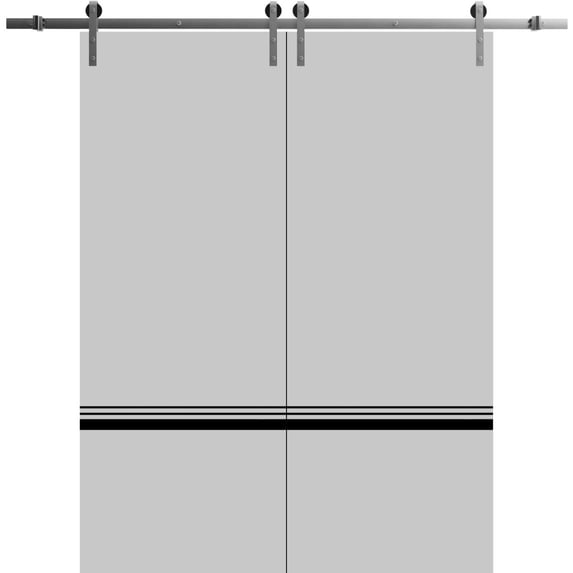 Sturdy Double Barn Door 60 x 84 inches with | Planum 0012 Grey Matte with Frosted Glass | Stainless Steel 13FT Rail Hangers Heavy Set | Solid Panel Interior Doors