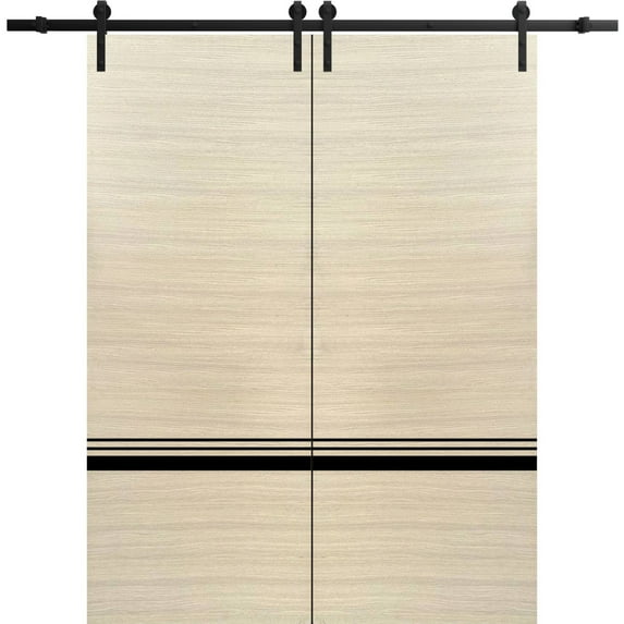 Sturdy Double Barn Door 60 x 84 inches with | Planum 0012 Natural Veneer with Frosted Glass | 13FT Rail Hangers Heavy Set | Solid Panel Interior Doors