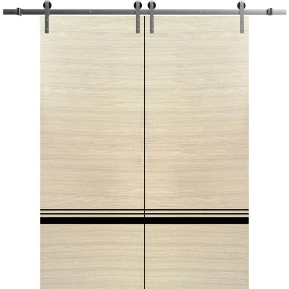 Sturdy Double Barn Door 60 x 84 inches with | Planum 0012 Natural Veneer with Frosted Glass | Stainless Steel 13FT Rail Hangers Heavy Set | Solid Panel Interior Doors