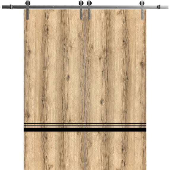 Sturdy Double Barn Door 60 x 84 inches with | Planum 0012 Oak with Frosted Glass | Stainless Steel 13FT Rail Hangers Heavy Set | Solid Panel Interior Doors