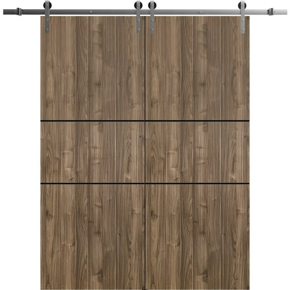 Sturdy Double Barn Door 60 x 84 inches with | Planum 0014 Walnut with Frosted Glass | Stainless Steel 13FT Rail Hangers Heavy Set | Solid Panel Interior Doors