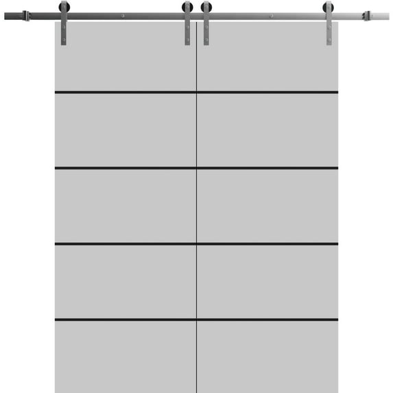 Sturdy Double Barn Door 60 x 84 inches with | Planum 0015 Grey Matte with Frosted Glass | Stainless Steel 13FT Rail Hangers Heavy Set | Solid Panel Interior Doors
