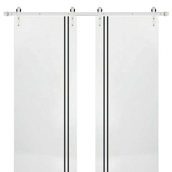 Sturdy Double Barn Door 60 x 84 inches with | Planum 0016 White Silk with Frosted Glass | Stainless Steel 13FT Rail Hangers Heavy Set | Solid Panel Interior Doors