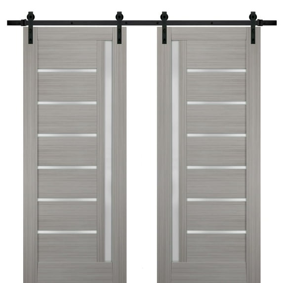 Sturdy Double Barn Door 60 x 84 inches with Frosted Glass | Quadro 4088 Grey Ash | Top Mount 13FT Rail Hangers Heavy Set | Solid Panel Interior Doors