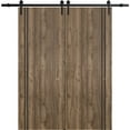 thumbnail image 1 of Sturdy Double Barn Door 60 x 84 inches with | Planum 0016 Walnut with Frosted Glass | 13FT Rail Hangers Heavy Set | Solid Panel Interior Doors, 1 of 6