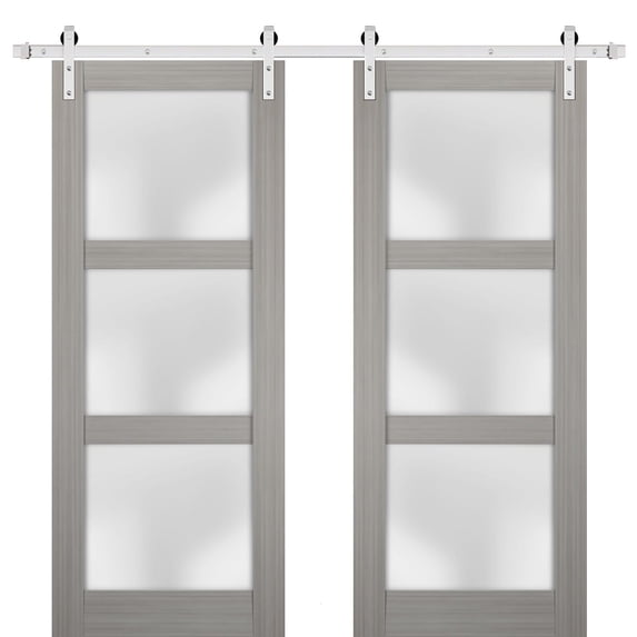 Sturdy Double Barn Door 60 x 96 inches with Frosted Glass | Lucia 2552 Grey Ash | Stainless Steel 13FT Rail Hangers Heavy Set | Solid Panel Interior Doors