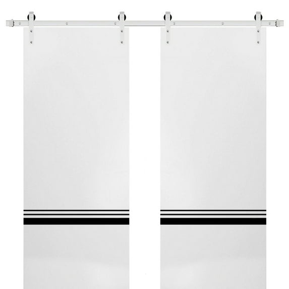 Sturdy Double Barn Door 60 x 96 inches with | Planum 0012 White Silk with Frosted Glass | Stainless Steel 13FT Rail Hangers Heavy Set | Solid Panel Interior Doors