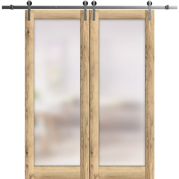 Sturdy Double Barn Door 60 x 96 inches | Planum 2102 Oak | Stainless Steel 13FT Rail Hangers Heavy Set | Solid Panel Interior Doors