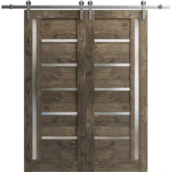 Sturdy Double Barn Door 60 x 96 inches | Quadro 4088 Cognac Oak with Frosted Glass | 13FT Rail Hangers Heavy Set | Solid Panel Interior Doors