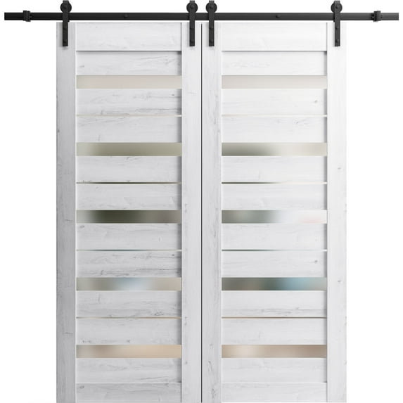 Sturdy Double Barn Door 60 x 96 inches | Quadro 4445 Nordic White with Frosted Glass | 13FT Rail Hangers Heavy Set | Solid Panel Interior Doors