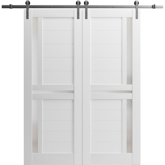 Sturdy Double Barn Door 60 x 96 inches with | Veregio 7288 White Silk with Frosted Glass | Stainless Steel 13FT Rail Hangers Heavy Set | Solid Panel Interior Doors