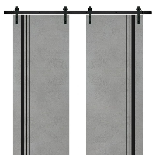 Sturdy Double Barn Door 60 x 96 inches with | Planum 0011 Concrete with Frosted Glass | 13FT Rail Hangers Heavy Set | Solid Panel Interior Doors