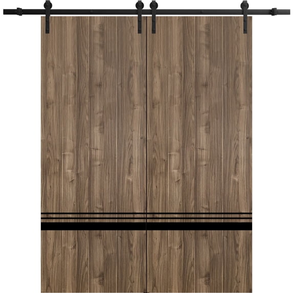 Sturdy Double Barn Door 60 x 96 inches with | Planum 0012 Walnut with Frosted Glass | 13FT Rail Hangers Heavy Set | Solid Panel Interior Doors