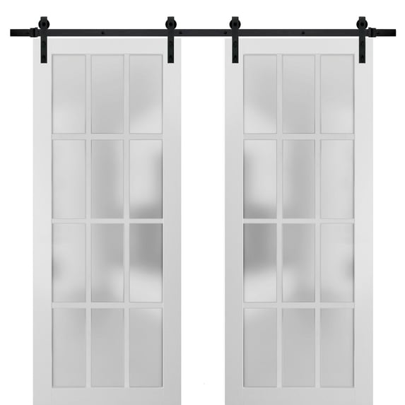 Sturdy Double Barn Door 64 x 80 inches with Frosted Glass 12 Lites | Felicia 3312 Matte White | Top Mount 13FT Rail Hangers Heavy Set | Solid Panel Interior Doors