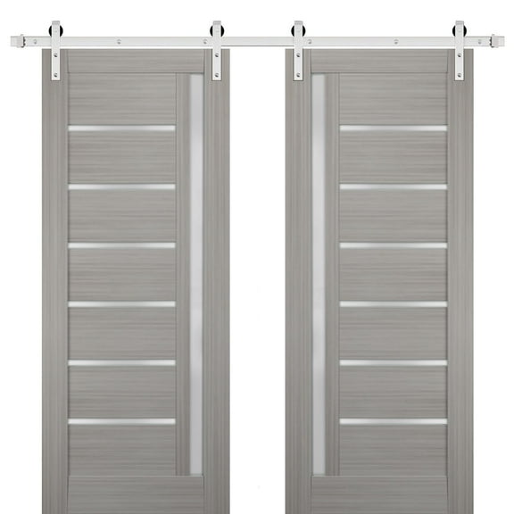 Sturdy Double Barn Door 64 x 80 inches with Frosted Glass | Quadro 4088 Grey Ash | Stainless Steel 13FT Rail Hangers Heavy Set | Solid Panel Interior Doors