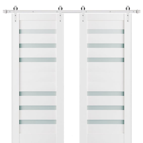 Sturdy Double Barn Door with Frosted Glass Quadro 4266 White Silk 13FT Rail Hangers Heavy Set Solid Panel Interior Doors 64" x 80" (2* 32x80) Silver Rail