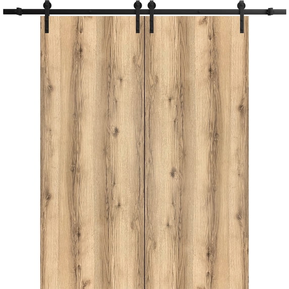 Sturdy Double Barn Door 64 x 80 inches | Planum 0010 Walnut | 13FT Rail Hangers Heavy Set | Solid Panel Interior Doors