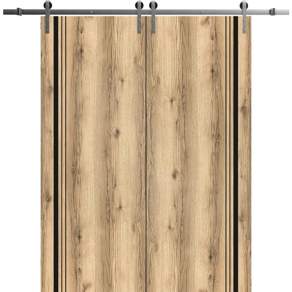 Sturdy Double Barn Door 64 x 80 inches with | Planum 0011 Oak with Frosted Glass | Stainless Steel 13FT Rail Hangers Heavy Set | Solid Panel Interior Doors