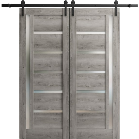 Sturdy Double Barn Door 64 x 80 inches | Quadro 4088 Nebraska Grey with Frosted Glass | Stainless Steel 13FT Rail Hangers Heavy Set | Solid Panel Interior Doors