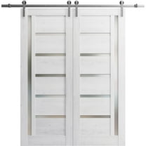 Sturdy Double Barn Door 64 x 80 inches | Quadro 4088 Nordic White with Frosted Glass | 13FT Rail Hangers Heavy Set | Solid Panel Interior Doors