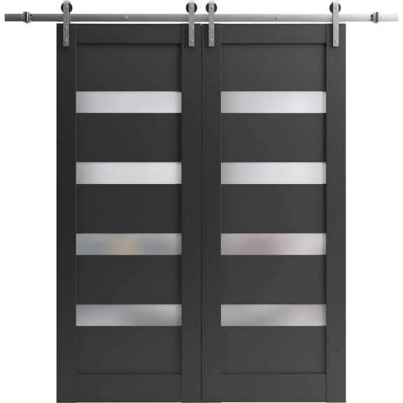 Sturdy Double Barn Door 64 x 80 inches | Quadro 4113 Matte Black Frosted Glass | Stainless Steel 13FT Rail Hangers Heavy Set | Solid Panel Interior Doors