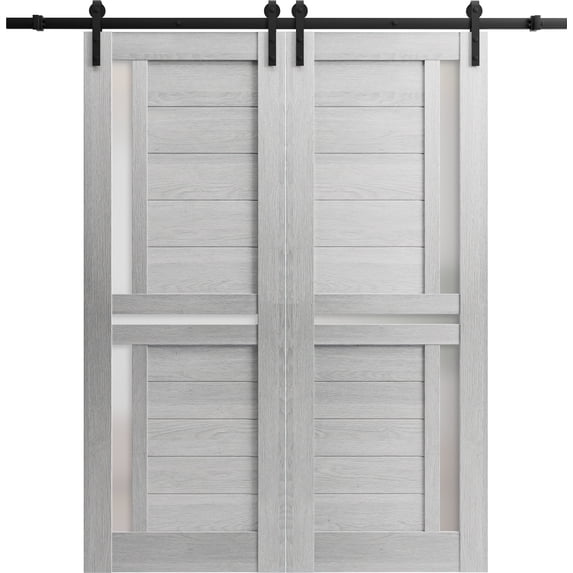 Sturdy Double Barn Door 64 x 80 inches with | Veregio 7288 Light Grey Oak with Frosted Glass | 13FT Rail Hangers Heavy Set | Solid Panel Interior Doors