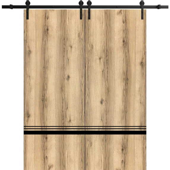 Sturdy Double Barn Door 64 x 80 inches with | Planum 0012 Oak with Frosted Glass | 13FT Rail Hangers Heavy Set | Solid Panel Interior Doors
