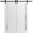 thumbnail image 1 of Sturdy Double Barn Door 64 x 80 inches with | Planum 0660 Painted White with Frosted Glass | 13FT Rail Hangers Heavy Set | Solid Panel Interior Doors, 1 of 5