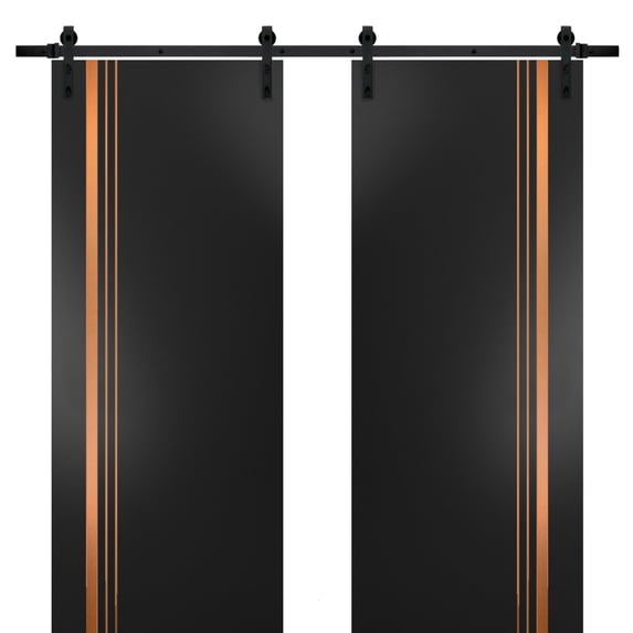 Sturdy Double Barn Door 64 x 80 inches with | Planum 1010 Matte Black with Frosted Glass | 13FT Rail Hangers Heavy Set | Solid Panel Interior Doors