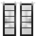 thumbnail image 1 of Sturdy Double Barn Door 64 x 84 inches with Frosted Glass | Quadro 4002 Matte Black | Stainless Steel 13FT Rail Hangers Heavy Set | Solid Panel Interior Doors, 1 of 6