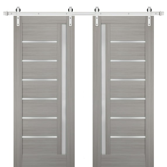 Sturdy Double Barn Door 64 x 84 inches with Frosted Glass | Quadro 4088 Grey Ash | Stainless Steel 13FT Rail Hangers Heavy Set | Solid Panel Interior Doors