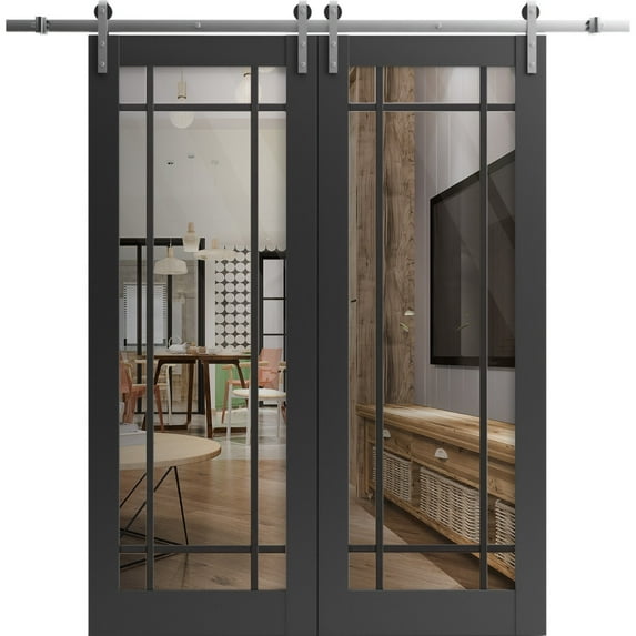 Sturdy Double Barn Door 64 x 84 inches | Lucia 2266 Matte Black Clear Glass | Stainless Steel 13FT Rail Hangers Heavy Set | Solid Panel Interior Doors