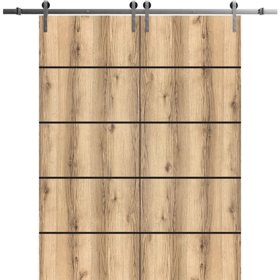 Sturdy Double Barn Door 64 x 84 inches with | Planum 0015 Oak with Frosted Glass | Stainless Steel 13FT Rail Hangers Heavy Set | Solid Panel Interior Doors
