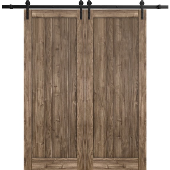 Sturdy Double Barn Door 64 x 84 inches | Quadro 4111 Walnut | 13FT Rail Hangers Heavy Set | Solid Panel Interior Doors