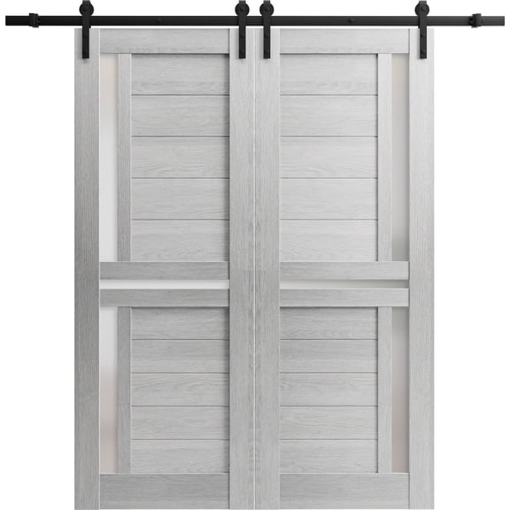Sturdy Double Barn Door 64 x 84 inches with | Veregio 7288 Light Grey Oak with Frosted Glass | 13FT Rail Hangers Heavy Set | Solid Panel Interior Doors