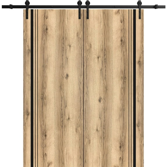 Sturdy Double Barn Door 64 x 84 inches with | Planum 0011 Oak with Frosted Glass | 13FT Rail Hangers Heavy Set | Solid Panel Interior Doors