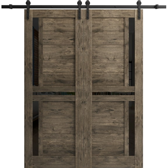 Sturdy Double Barn Door 64 x 84 inches with | Veregio 7588 Cognac Oak with Black Glass | 13FT Rail Hangers Heavy Set | Solid Panel Interior Doors