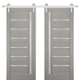 thumbnail image 1 of Sturdy Double Barn Door 64 x 96 inches with Frosted Glass | Quadro 4088 Grey Ash | Stainless Steel 13FT Rail Hangers Heavy Set | Solid Panel Interior Doors, 1 of 5