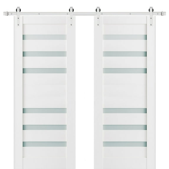 Sturdy Double Barn Door 64 x 96 inches with Frosted Glass | Quadro 4266 White Silk | Stainless Steel 13FT Rail Hangers Heavy Set | Solid Panel Interior Doors